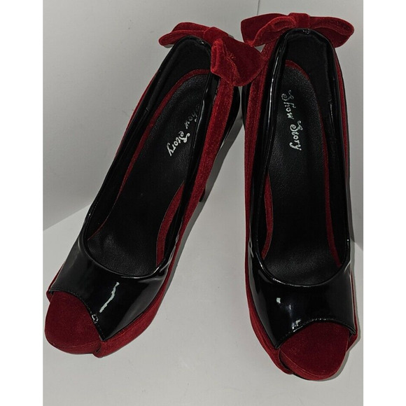 Show Story Womens Peep Toe Slip On Black Red High Platform Heels Size US 8 - Picture 2 of 7